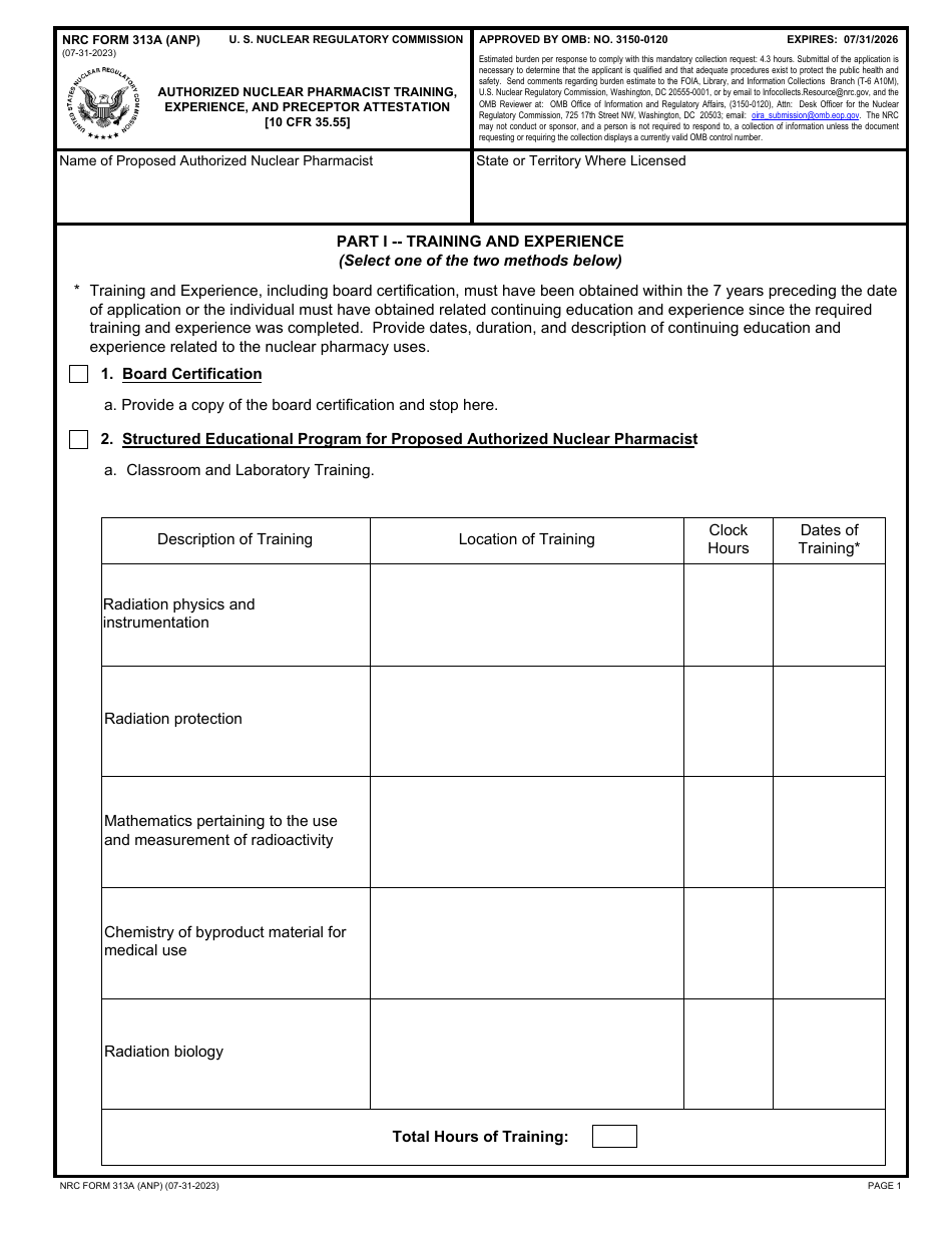 NRC Form 313A (ANP) Uthorized Nuclear Pharmacist Training, Experience, and Preceptor Attestation, Page 1