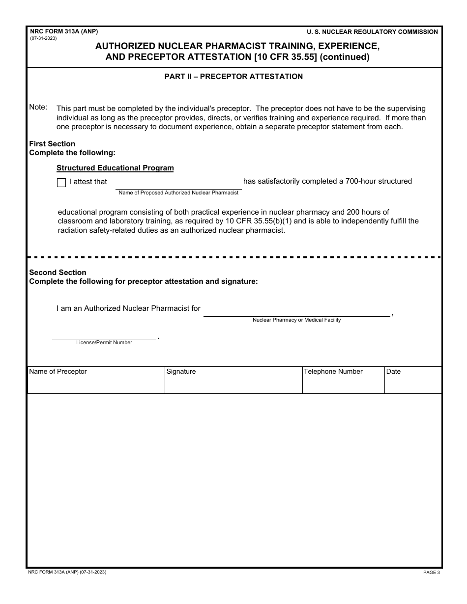 NRC Form 313A (ANP) Uthorized Nuclear Pharmacist Training, Experience, and Preceptor Attestation, Page 3