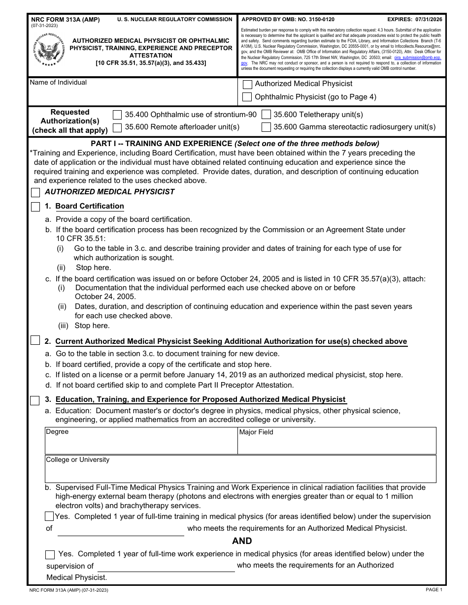 NRC Form 313A (AMP) Authorized Medical Physicist or Ophthalmic Physicist, Training, Experience and Preceptor Attestation, Page 1