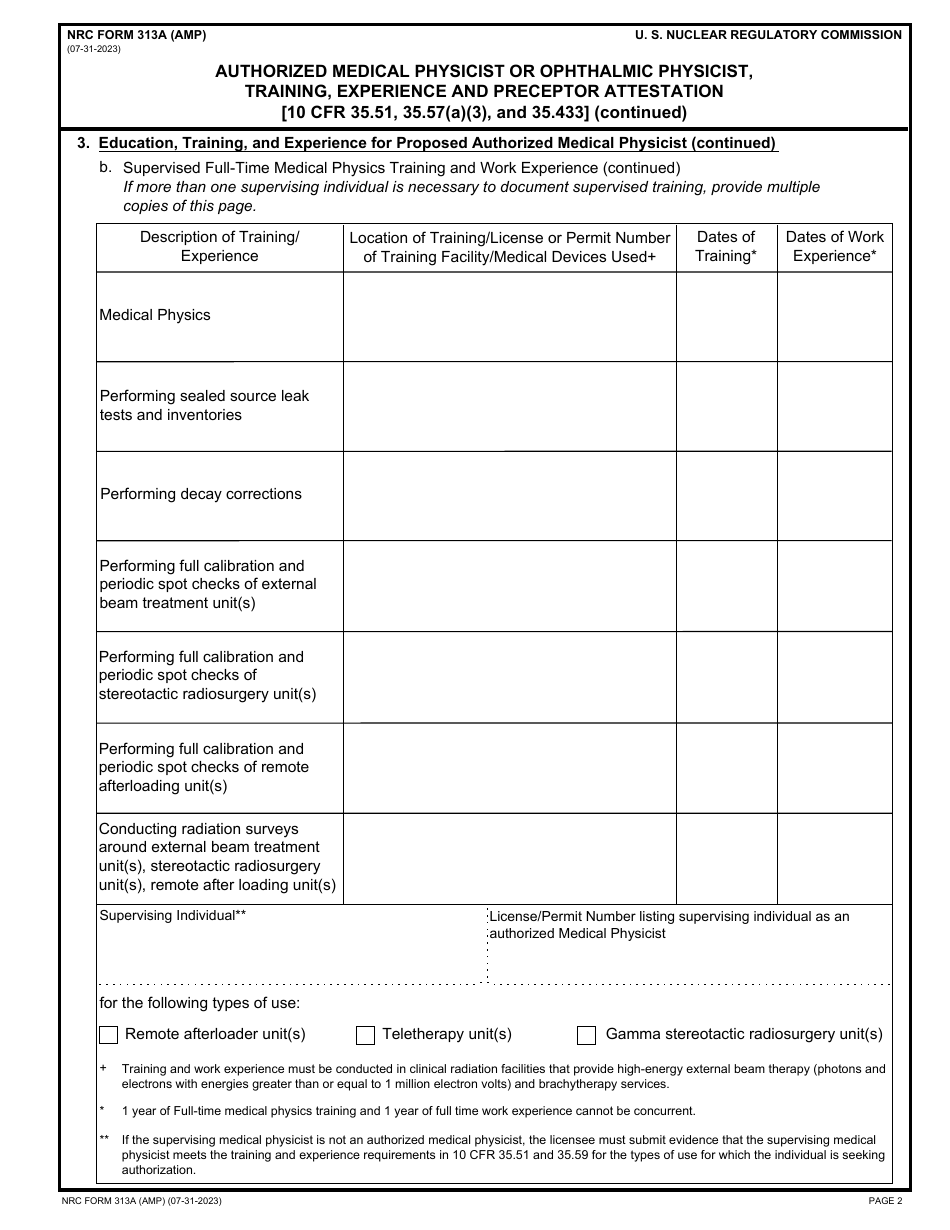 NRC Form 313A (AMP) Authorized Medical Physicist or Ophthalmic Physicist, Training, Experience and Preceptor Attestation, Page 2