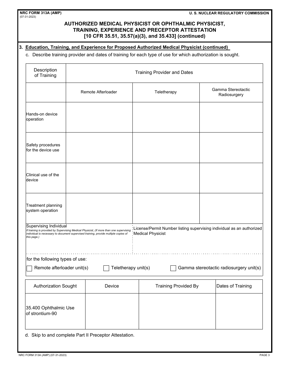 NRC Form 313A (AMP) Authorized Medical Physicist or Ophthalmic Physicist, Training, Experience and Preceptor Attestation, Page 3