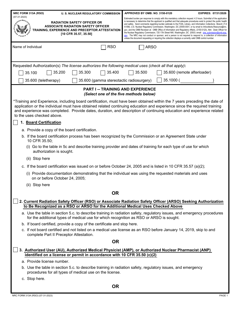 NRC Form 313A (RSO) Radiation Safety Officer or Associate Radiation Safety Officer Training, Experience and Preceptor Attestation, Page 1
