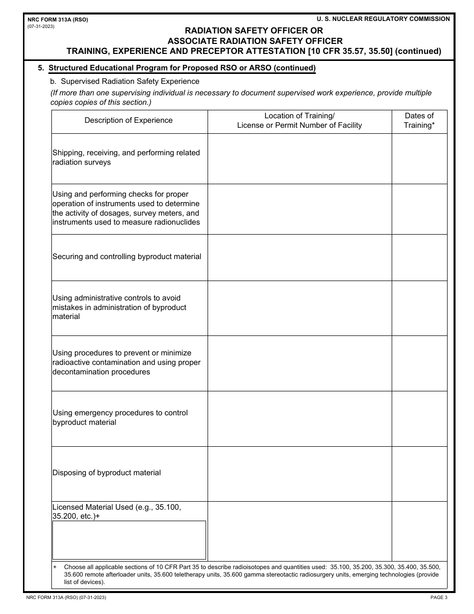 Nrc Form 313a Rso Download Fillable Pdf Or Fill Online Radiation Safety Officer Or Associate 5722