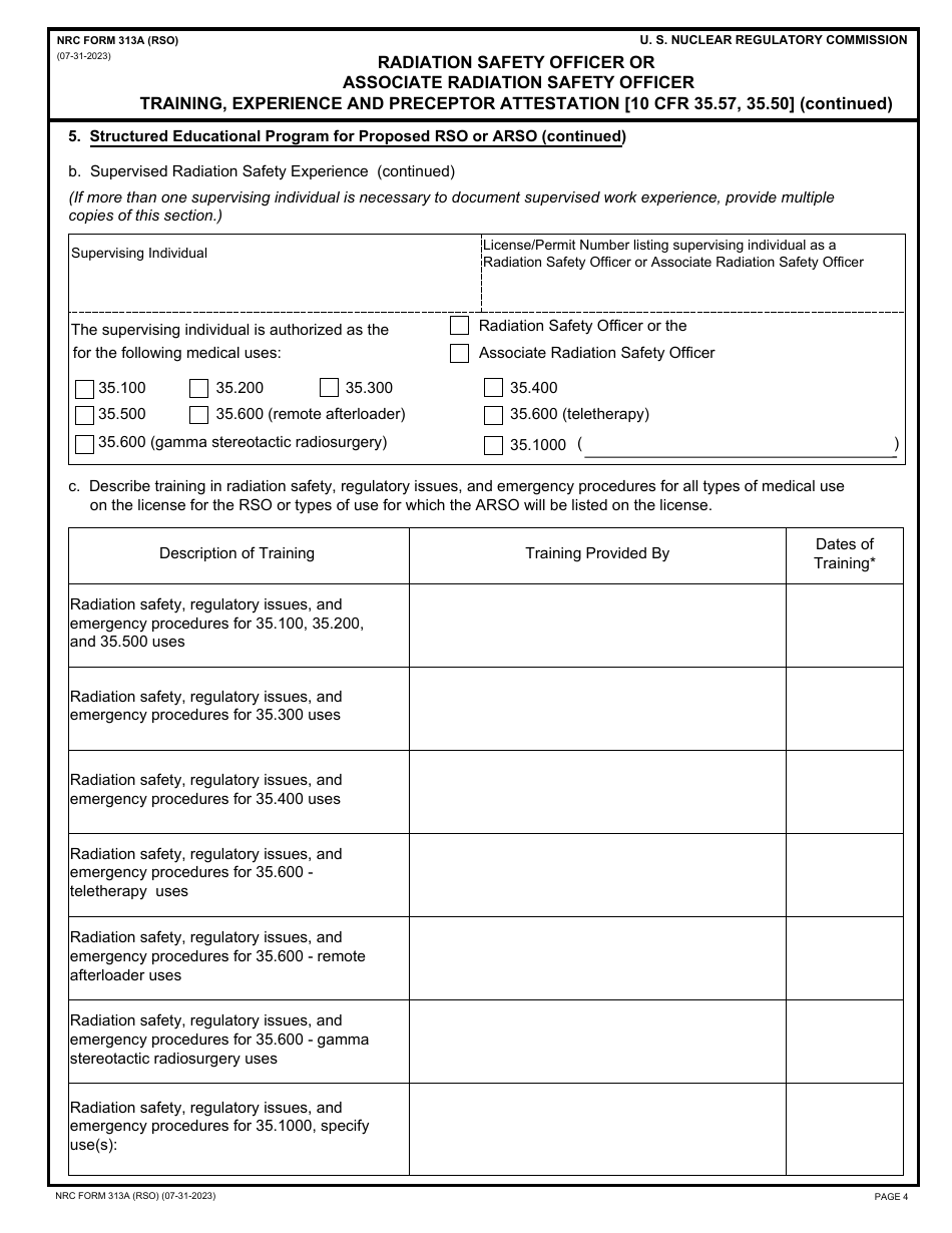 NRC Form 313A (RSO) Radiation Safety Officer or Associate Radiation Safety Officer Training, Experience and Preceptor Attestation, Page 4