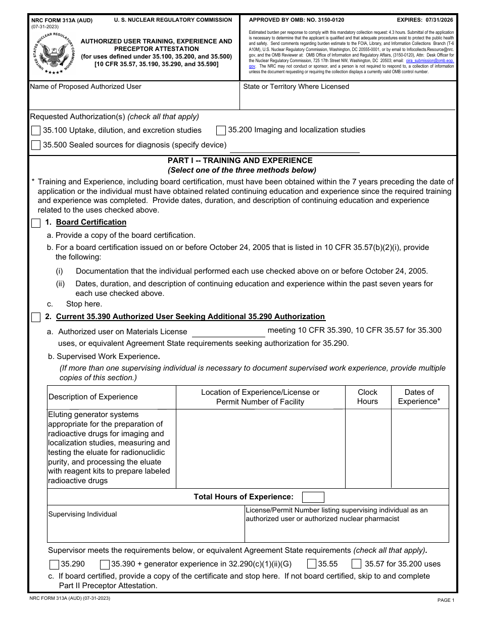 NRC Form 313A (AUD) Authorized User Training, Experience and Preceptor Attestation, Page 1