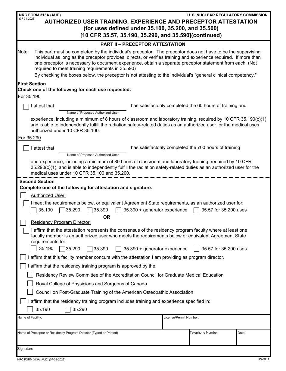 NRC Form 313A (AUD) Authorized User Training, Experience and Preceptor Attestation, Page 4