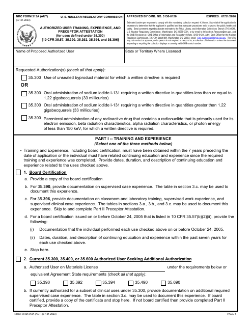 NRC Form 313A (AUT) Authorized User Training, Experience, and Preceptor Attestation