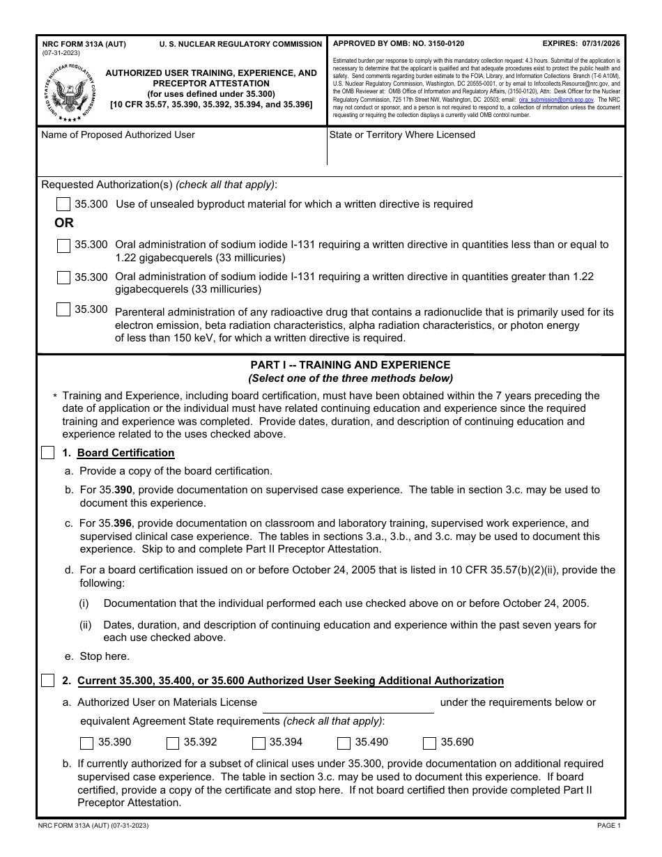 NRC Form 313A (AUT) Authorized User Training, Experience, and Preceptor Attestation, Page 1