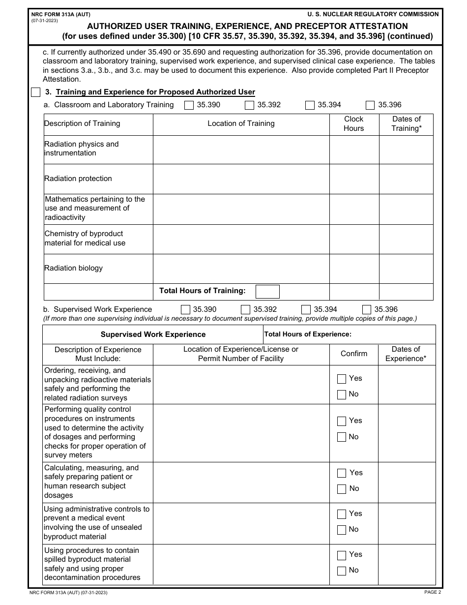NRC Form 313A (AUT) Authorized User Training, Experience, and Preceptor Attestation, Page 2