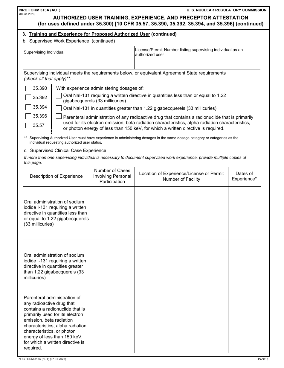 NRC Form 313A (AUT) Authorized User Training, Experience, and Preceptor Attestation, Page 3