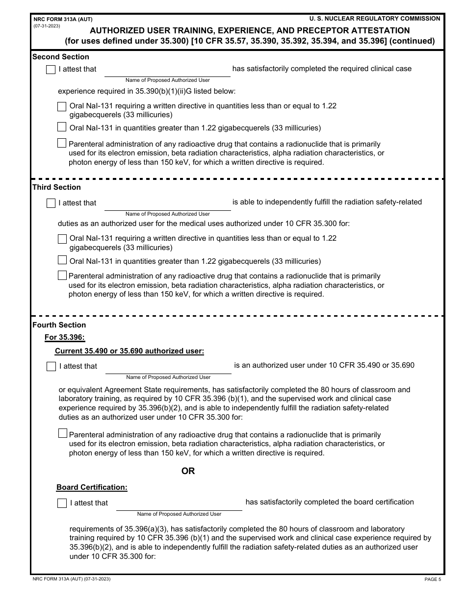 NRC Form 313A (AUT) Authorized User Training, Experience, and Preceptor Attestation, Page 5