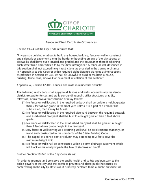 Fence and Wall Certificate Application - City of Charlotte, North Carolina Download Pdf