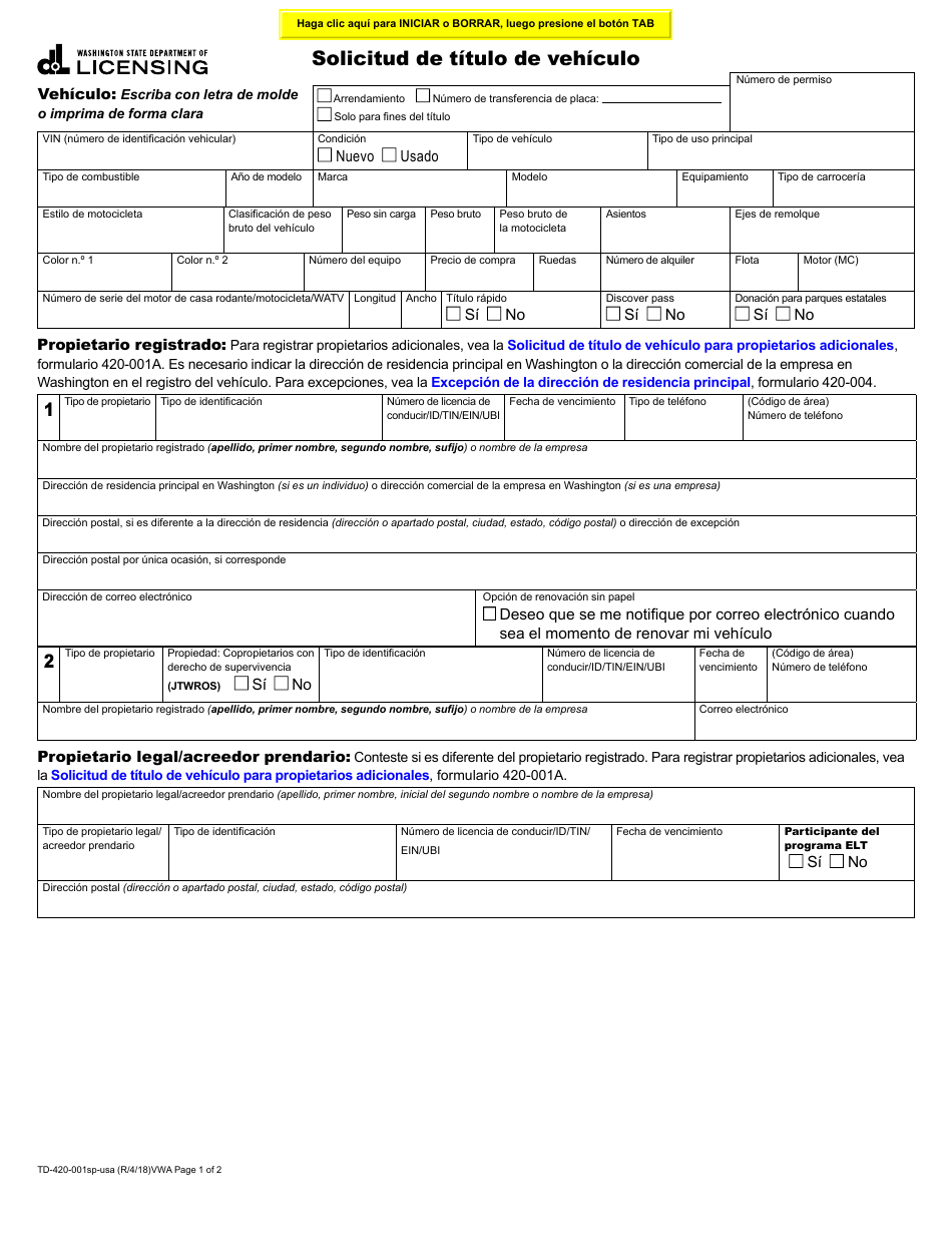 Form TD-420-001 Vehicle Title Application - Washington (English / Spanish), Page 1