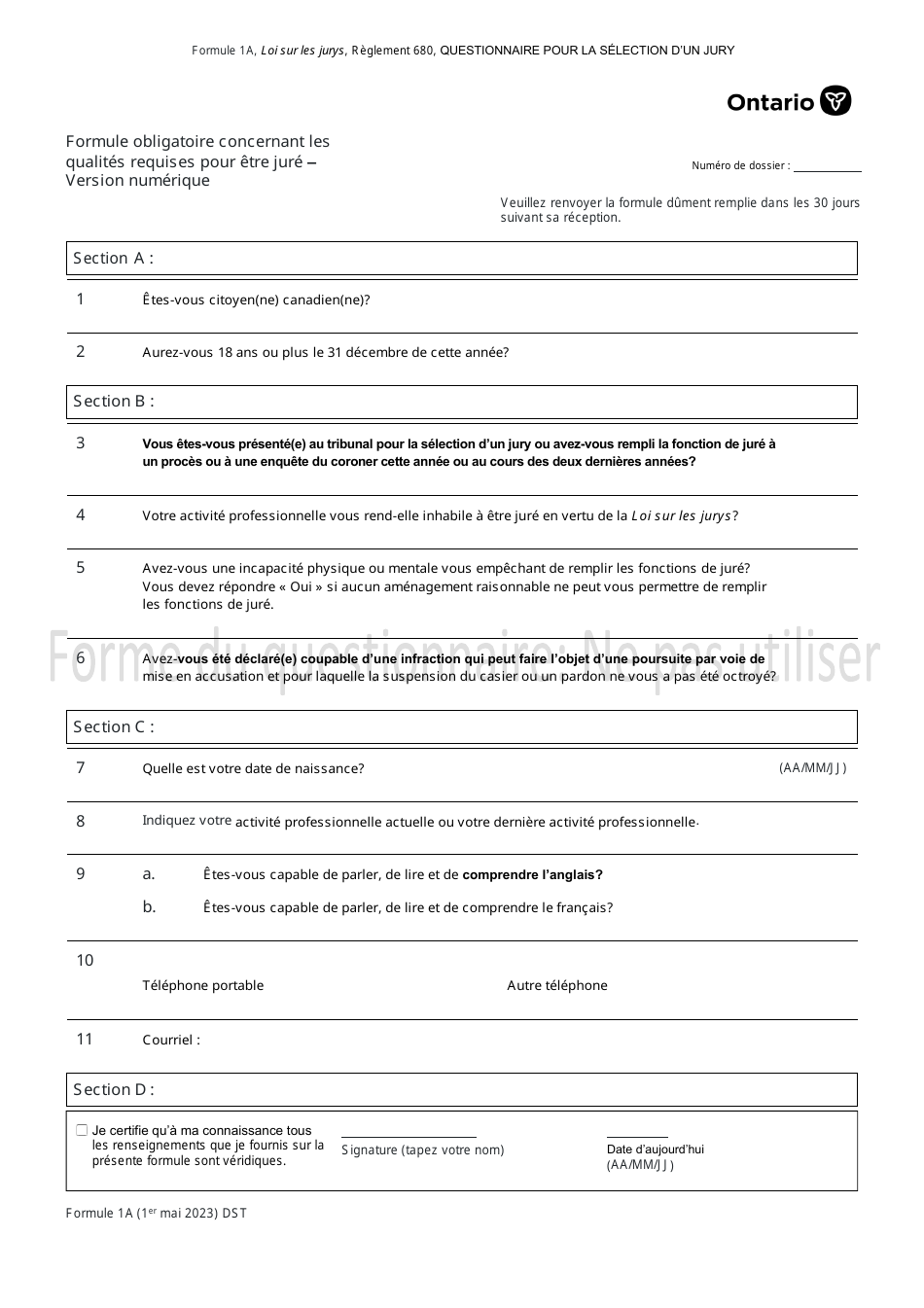 Forme 1A Formule Obligatoire Concernant Les Qualites Requises Pour Etre Jure - Version Numerique - Ontario, Canada (French), Page 1