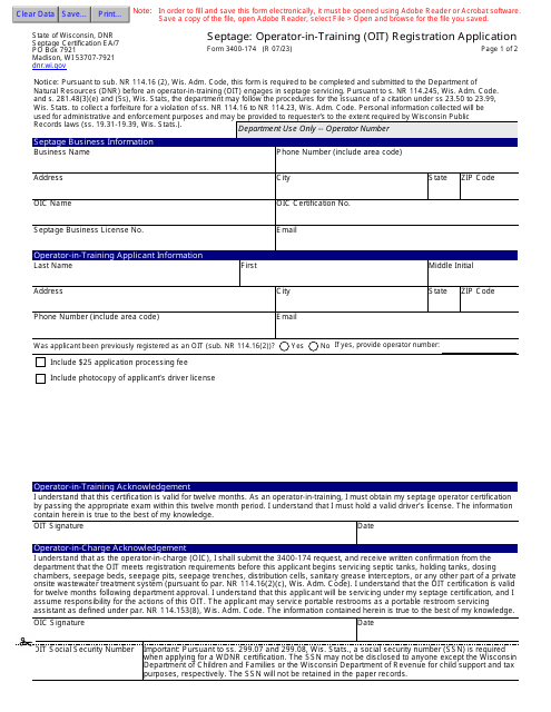 Form 3400-174 Septage: Operator-In-training (Oit) Registration Application - Wisconsin