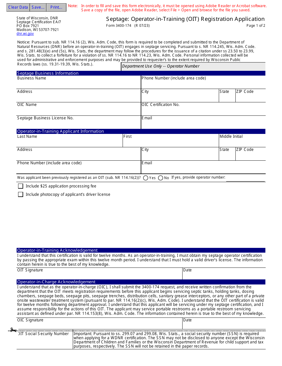 Form 3400-174 Septage: Operator-In-training (Oit) Registration Application - Wisconsin, Page 1