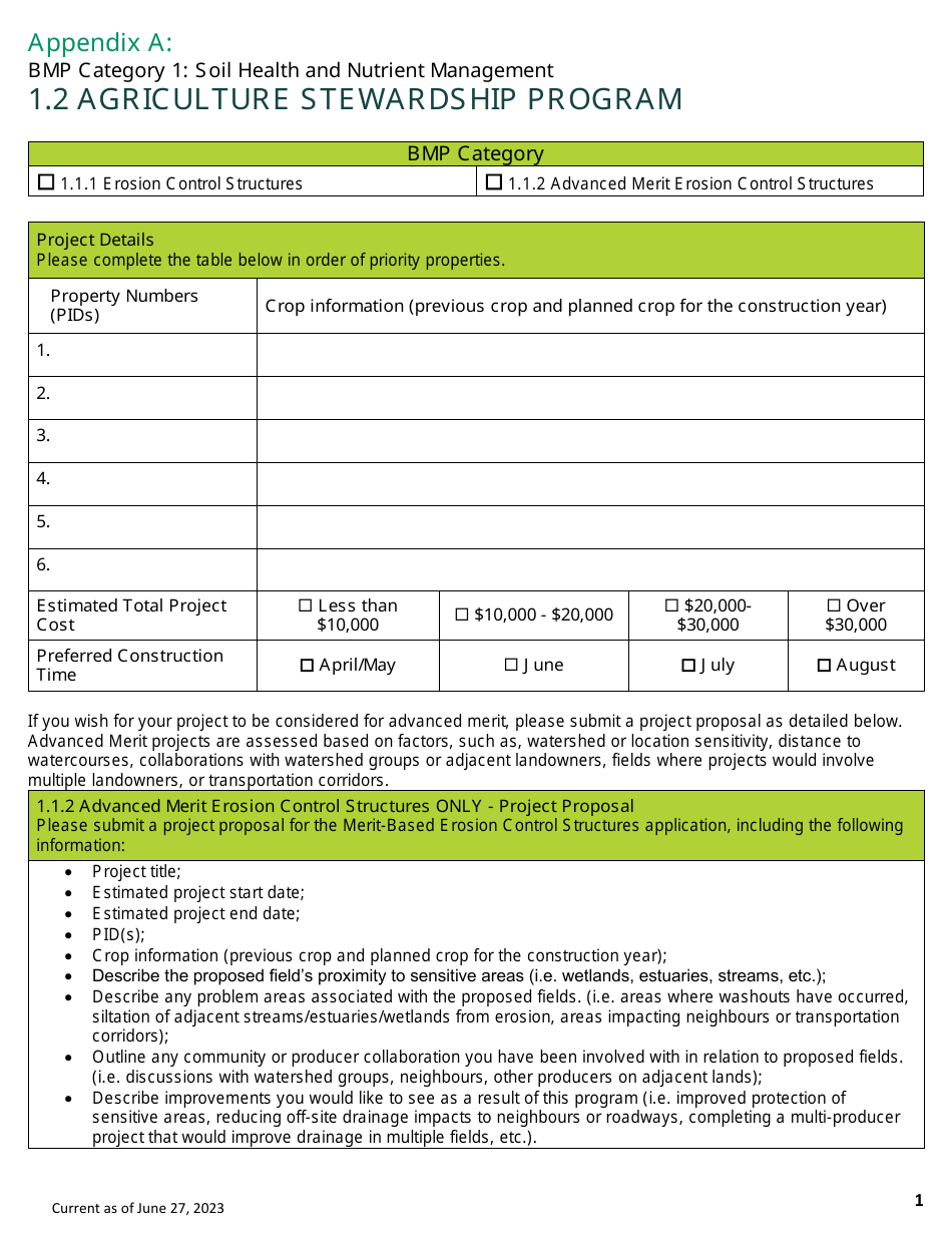 Appendix A Soil Health and Nutrient Management - Erosion Structures - Agriculture Stewardship Program - Prince Edward Island, Canada, Page 1