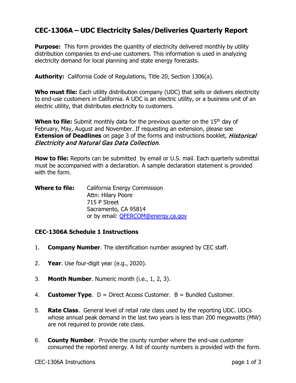 Instructions for Form CEC-1306A Udc Electricity Sales / Deliveries Quarterly Report - California, Page 1