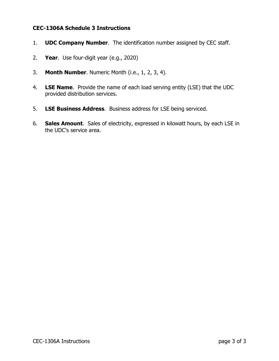 Instructions for Form CEC-1306A Udc Electricity Sales / Deliveries Quarterly Report - California, Page 3