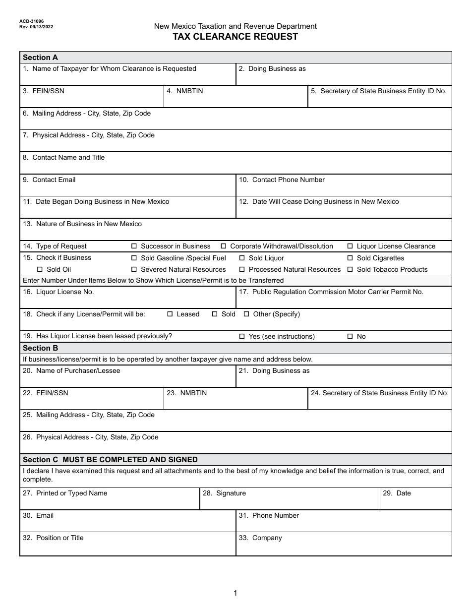 Form ACD-31096 Tax Clearance Request - New Mexico, Page 1