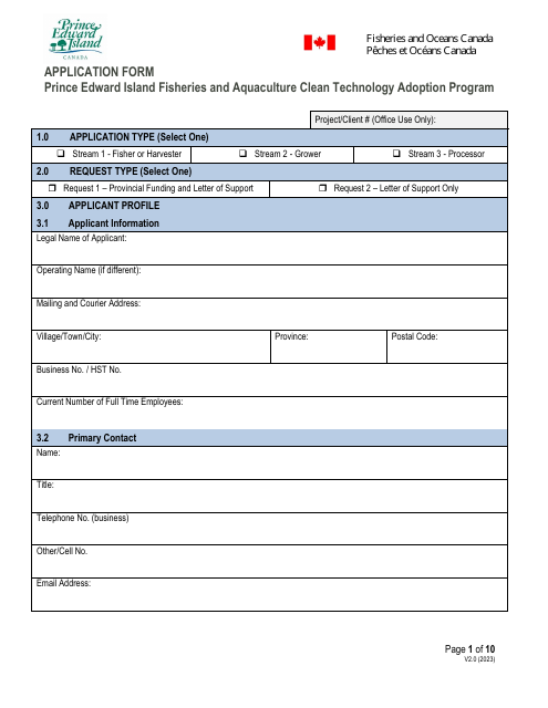 Application Form - Prince Edward Island Fisheries and Aquaculture Clean Technology Adoption Program - Prince Edward Island, Canada Download Pdf