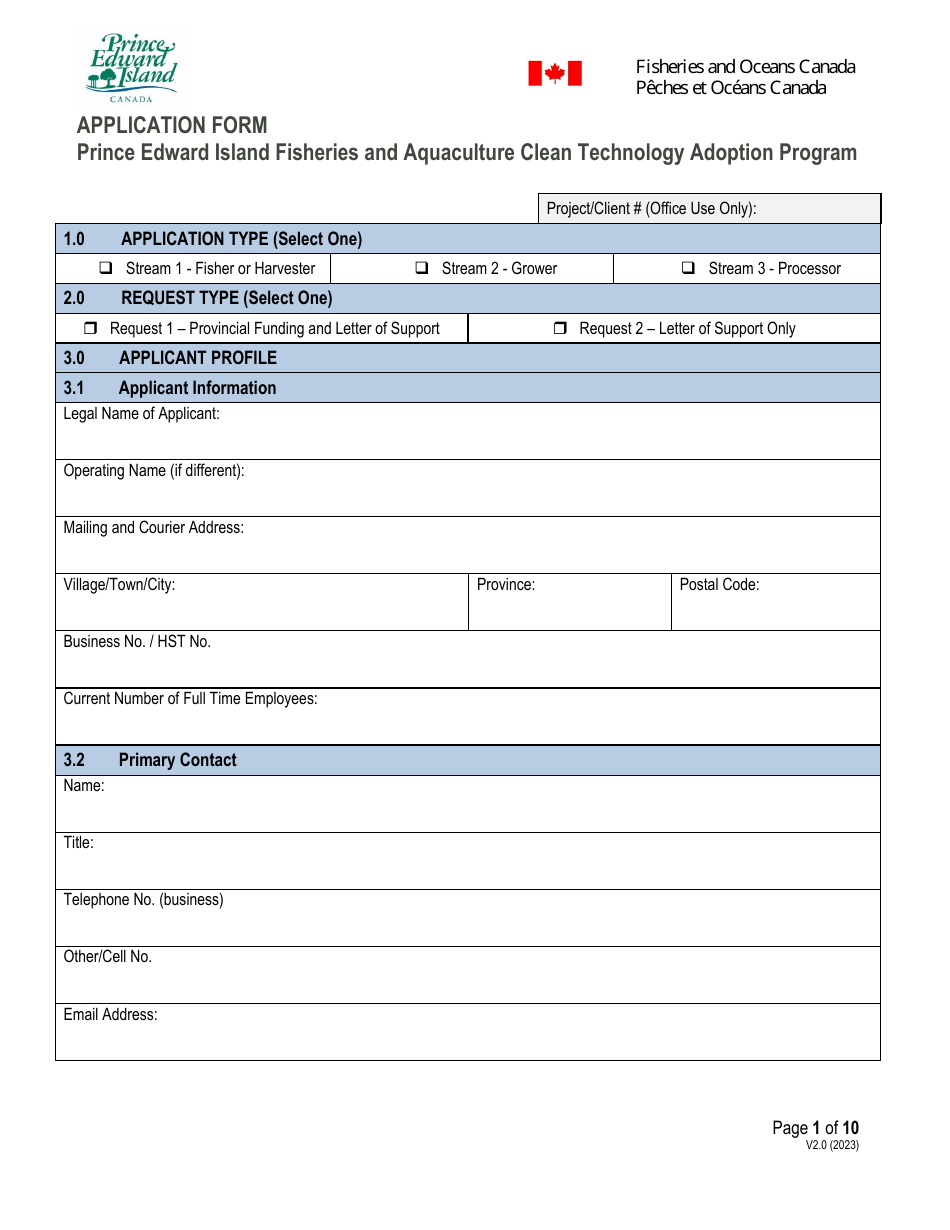 Application Form - Prince Edward Island Fisheries and Aquaculture Clean Technology Adoption Program - Prince Edward Island, Canada, Page 1