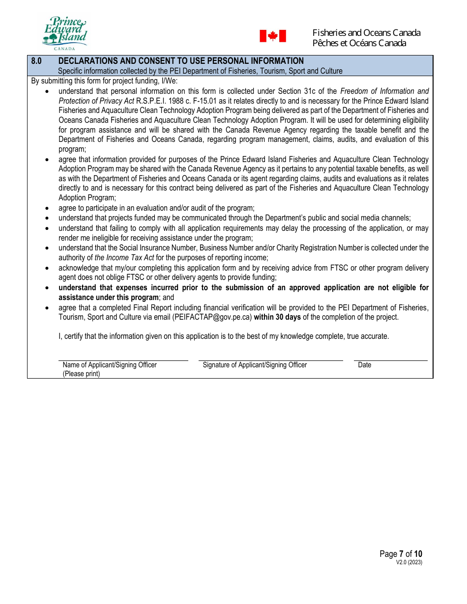 Application Form - Prince Edward Island Fisheries and Aquaculture Clean Technology Adoption Program - Prince Edward Island, Canada, Page 7