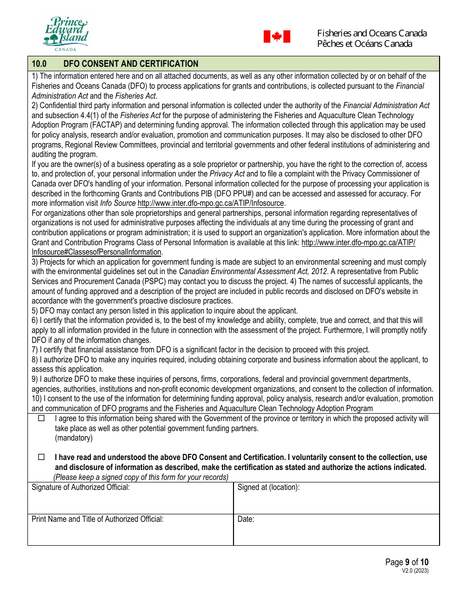 Application Form - Prince Edward Island Fisheries and Aquaculture Clean Technology Adoption Program - Prince Edward Island, Canada, Page 9
