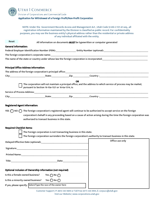 Application for Withdrawal of a Foreign Profit / Non-profit Corporation - Utah Download Pdf