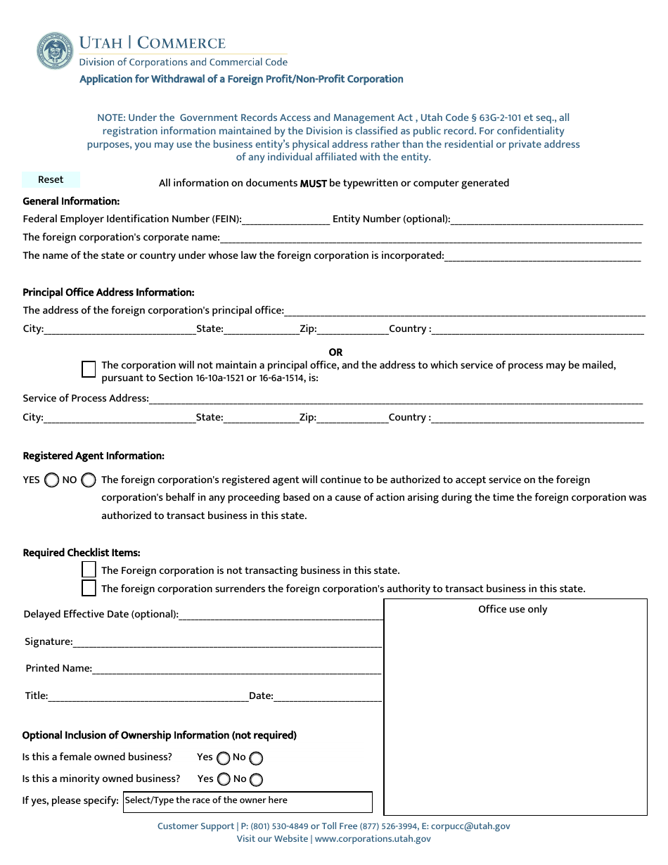 Application for Withdrawal of a Foreign Profit / Non-profit Corporation - Utah, Page 1