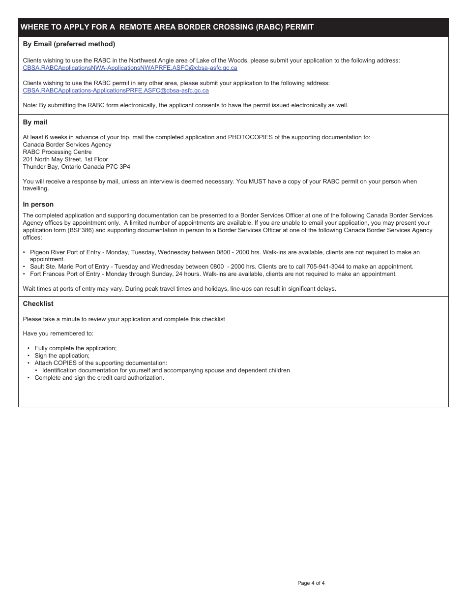 Form BSF386 Remote Area Border Crossing (Rabc) Permit - Canada, Page 4
