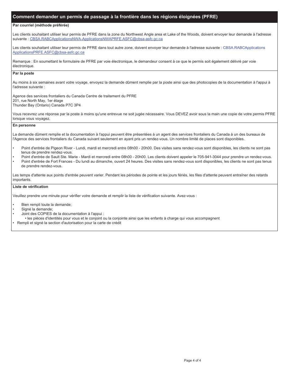 Forme BSF386 Permis De Passage La Frontiere Dans Les Region Eloigneees (Pfre) - Canada (French), Page 4