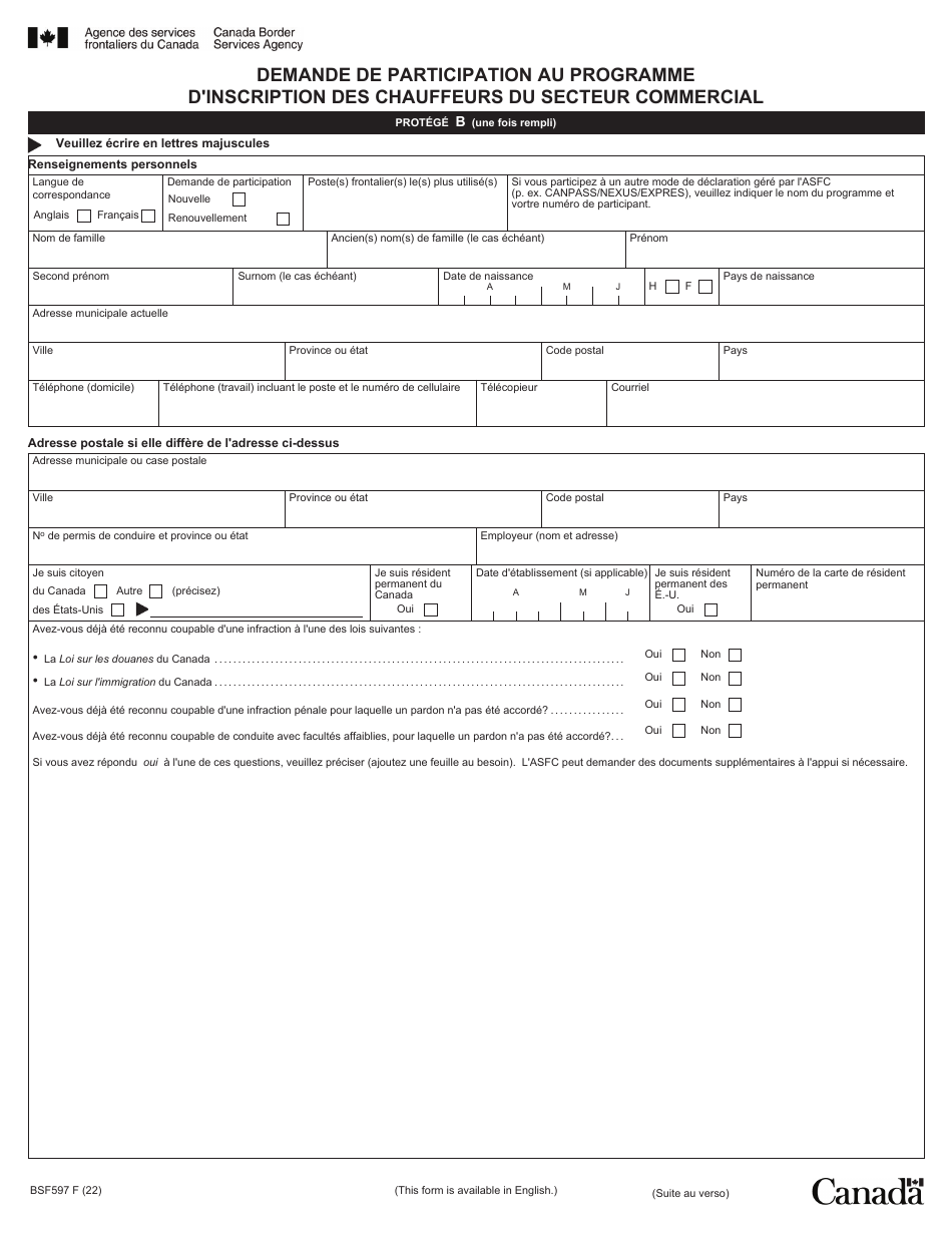 Forme BSF597 Demande De Participation Au Programme Dinscription DES Chauffeurs Du Secteur Commercial - Canada (French), Page 1