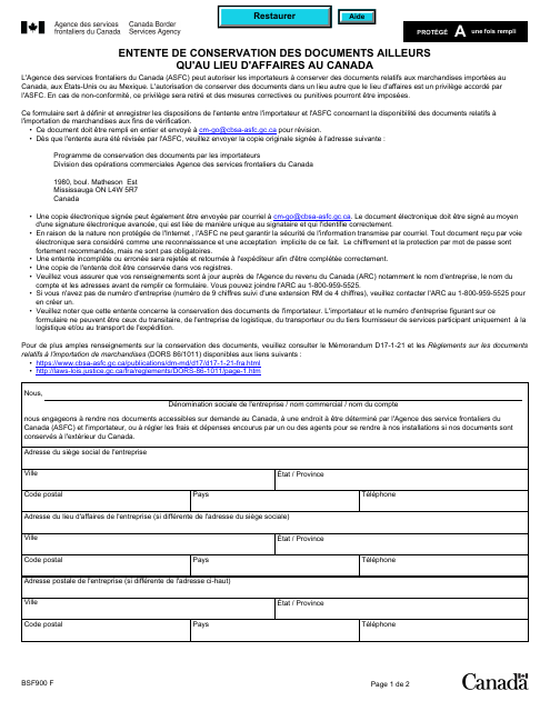 Forme BSF900 Entente De Conservation DES Documents Ailleurs Qu'au Lieu D'affaires Au Canada - Canada (French)