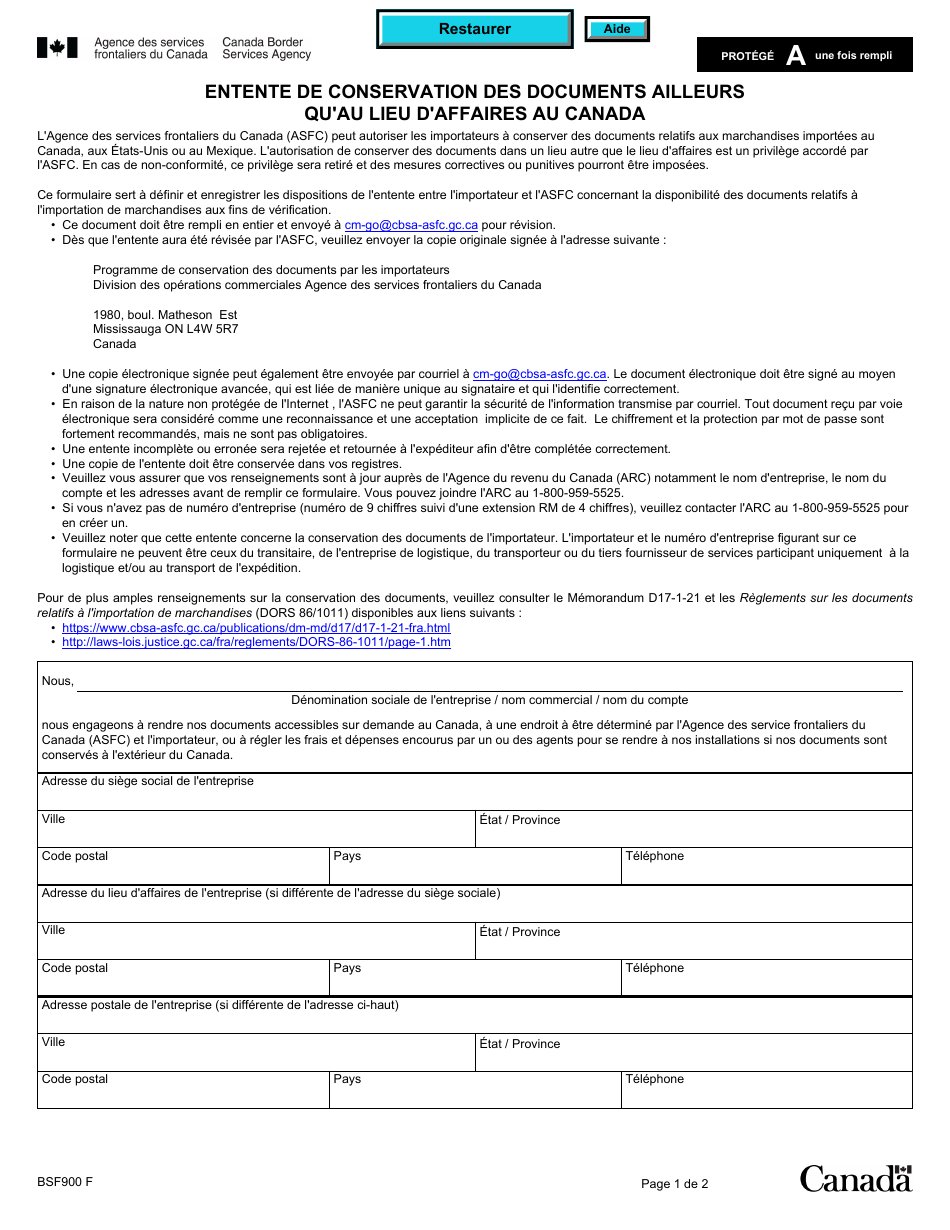 Forme BSF900 Entente De Conservation DES Documents Ailleurs Quau Lieu Daffaires Au Canada - Canada (French), Page 1