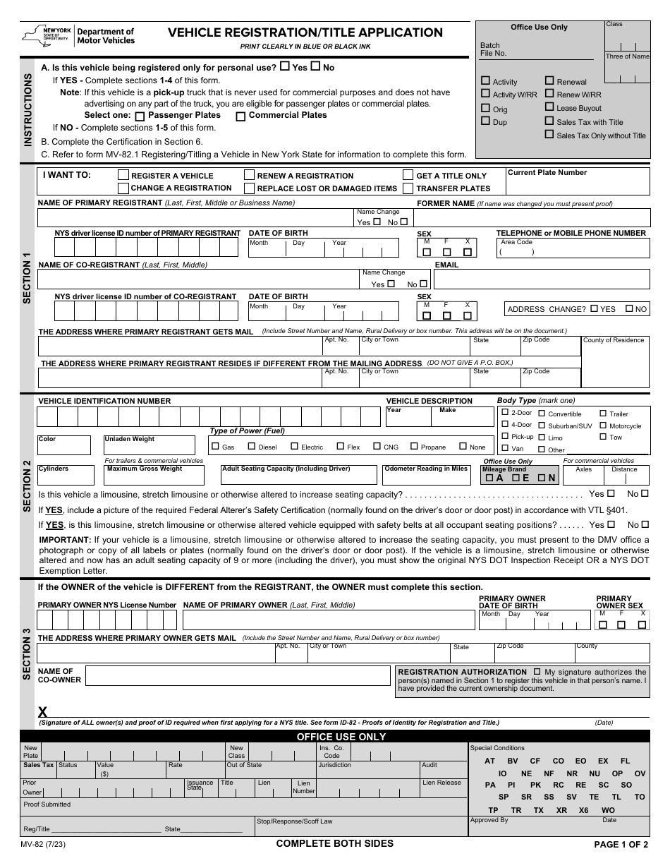 Form Mv-82 Download Fillable Pdf Or Fill Online Vehicle Registration 