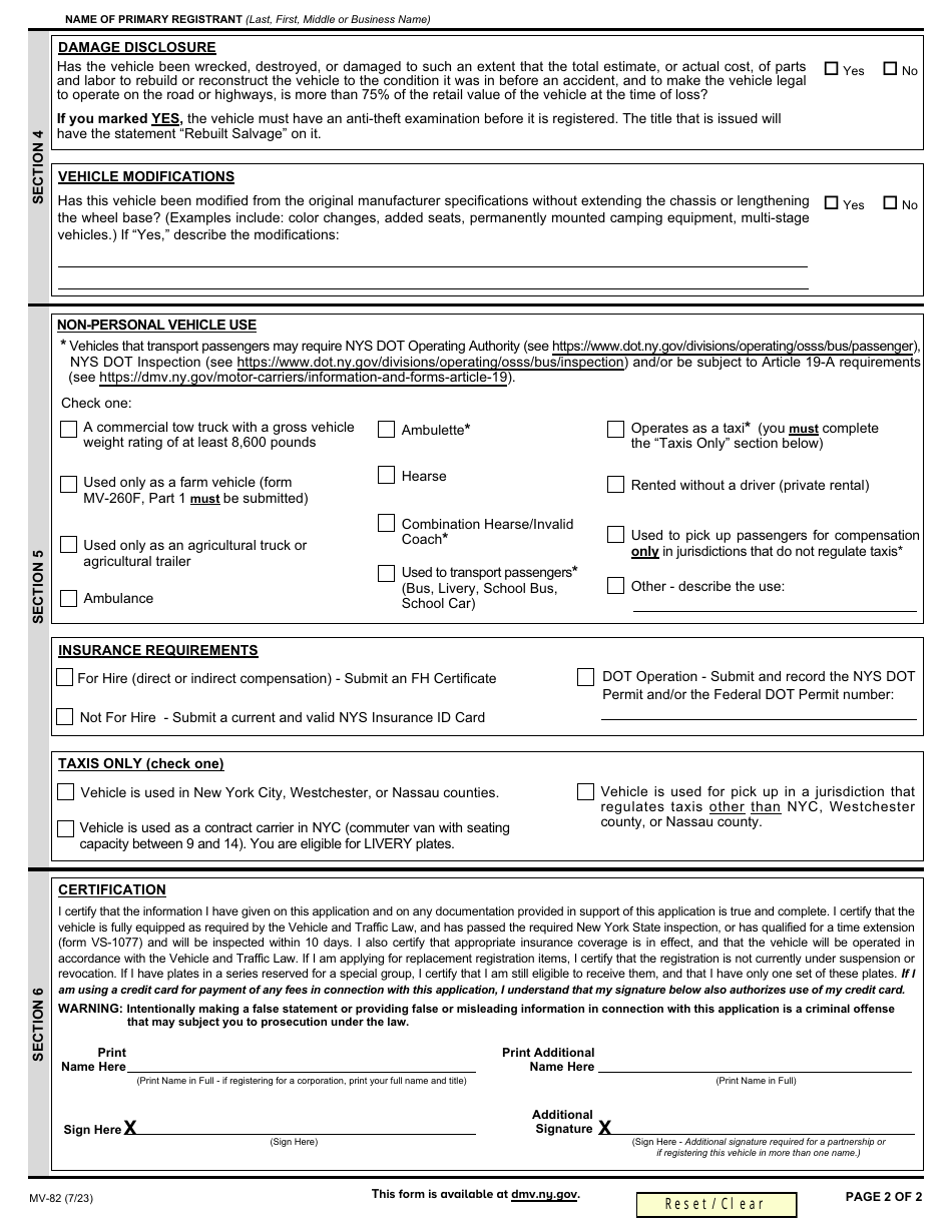 Form MV-82 Download Fillable PDF or Fill Online Vehicle Registration ...