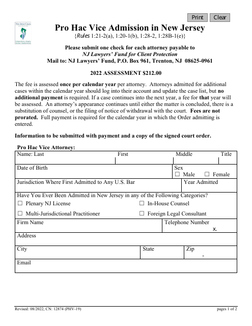 Form 12874 (PHV-19) Pro Hac Vice Admission Form - New Jersey, 2022