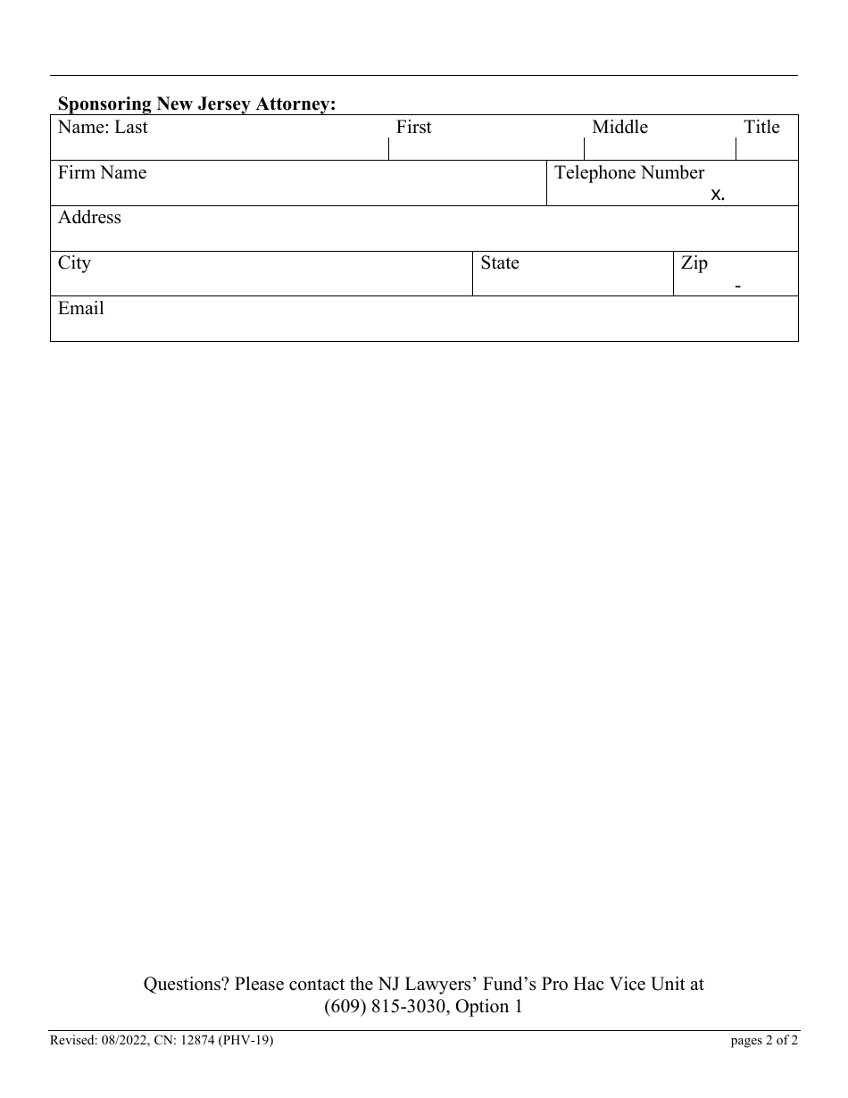 Form 12874 (PHV-19) Pro Hac Vice Admission Form - New Jersey, Page 2