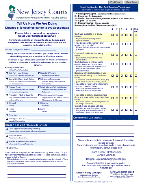 Form 10673 Court User Satisfaction Survey - Bergen - New Jersey (English/Spanish)