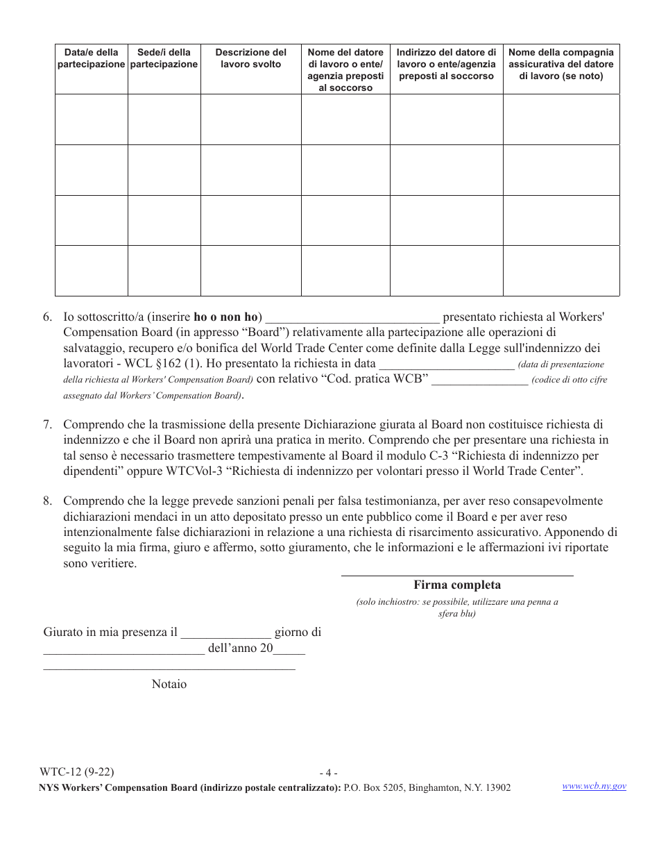 Form WTC-12 Registration of Participation in World Trade Center Rescue, Recovery and / or Clean-Up Operations - New York (Italian), Page 4