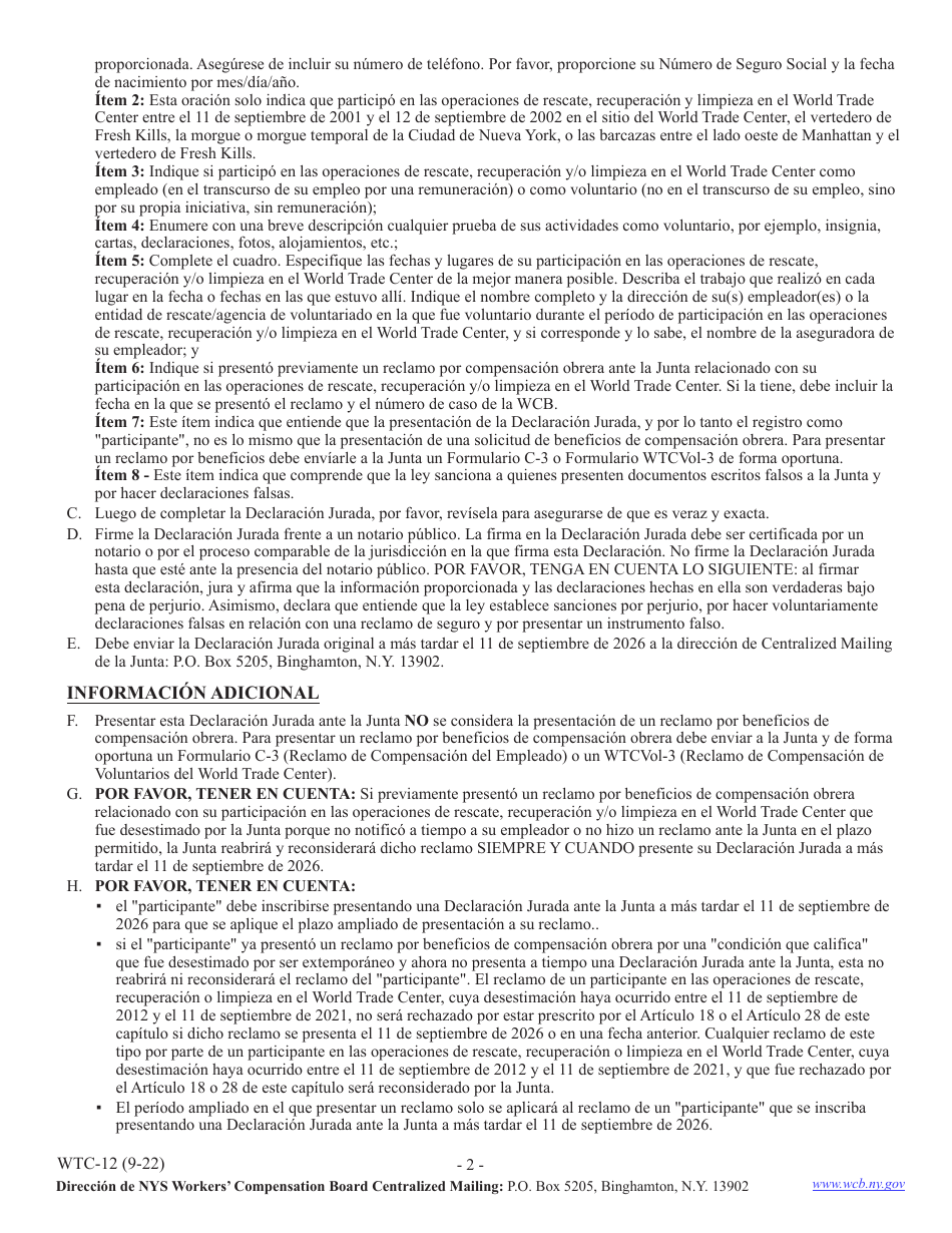 Formulario WTC-12 Registro De Participacion En Las Operaciones De Rescate, Recuperacion Y / O Limpieza En El World Trade Center - New York (Spanish), Page 2