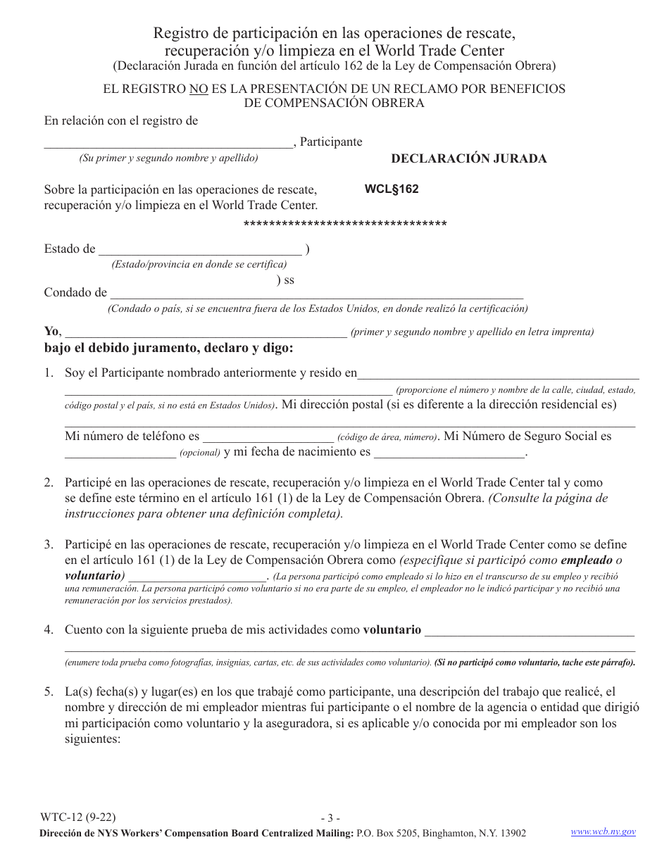 Formulario WTC-12 Registro De Participacion En Las Operaciones De Rescate, Recuperacion Y / O Limpieza En El World Trade Center - New York (Spanish), Page 3