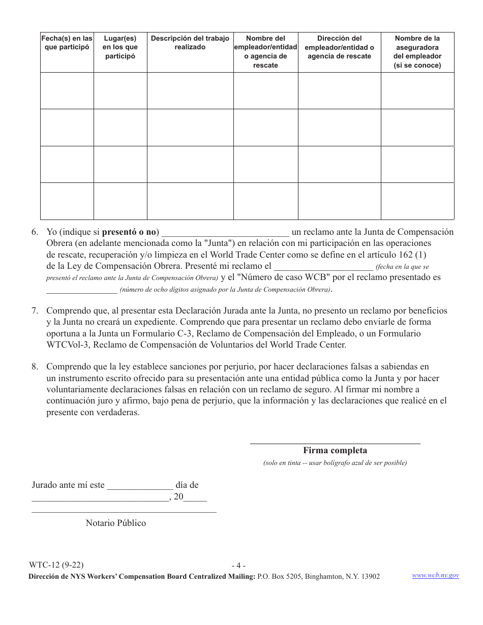 Formulario WTC-12 Registro De Participacion En Las Operaciones De Rescate, Recuperacion Y / O Limpieza En El World Trade Center - New York (Spanish), Page 4