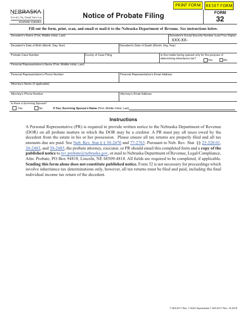 Form 32 Notice of Probate Filing - Nebraska