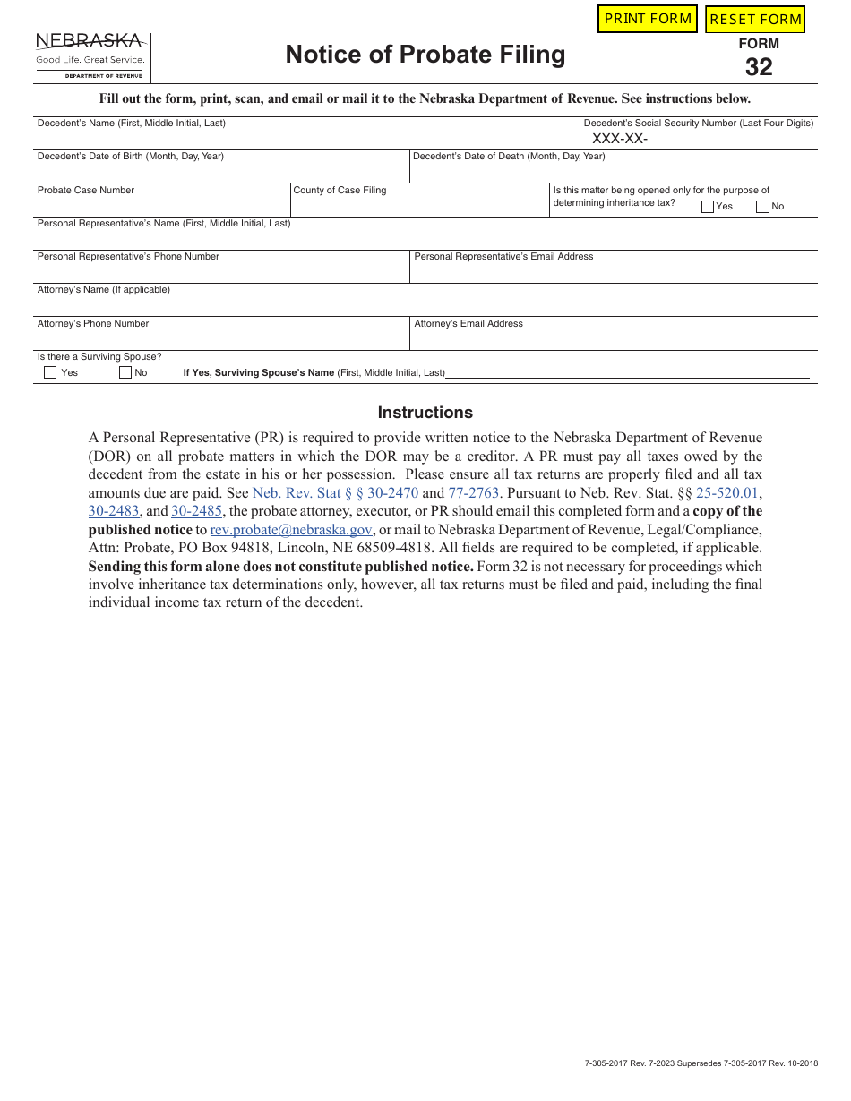Form 32 Notice of Probate Filing - Nebraska, Page 1
