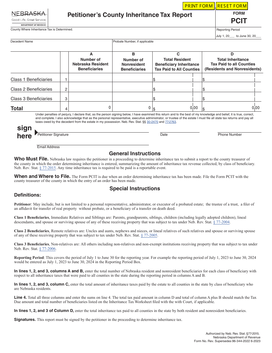 Form PCIT Petitioners County Inheritance Tax Report - Nebraska, Page 1