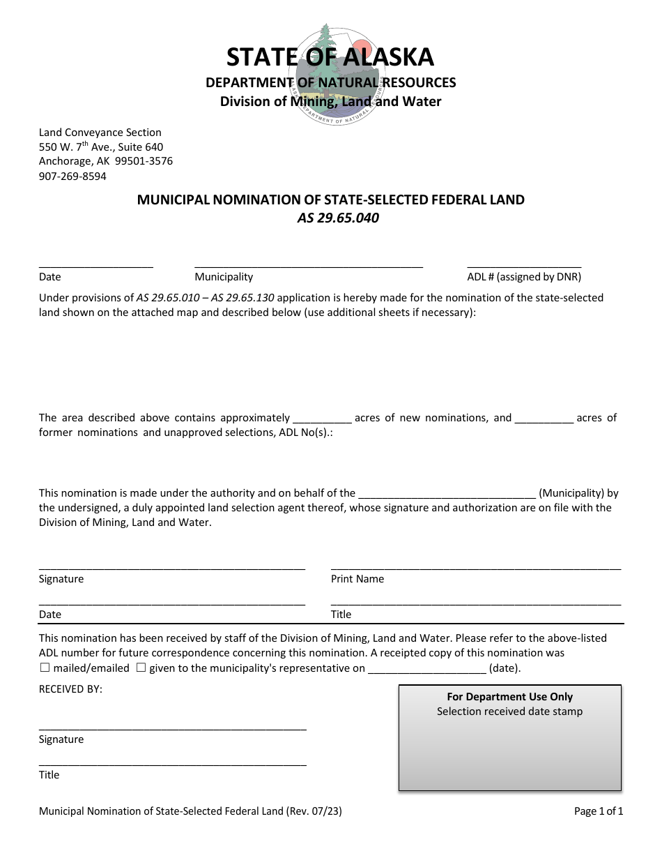 Alaska Municipal Nomination of State-Selected Federal Land - Fill Out ...