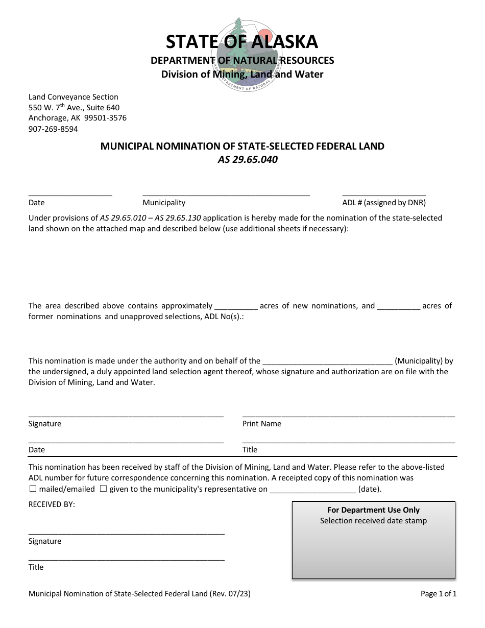 Municipal Nomination of State-Selected Federal Land - Alaska, Page 1