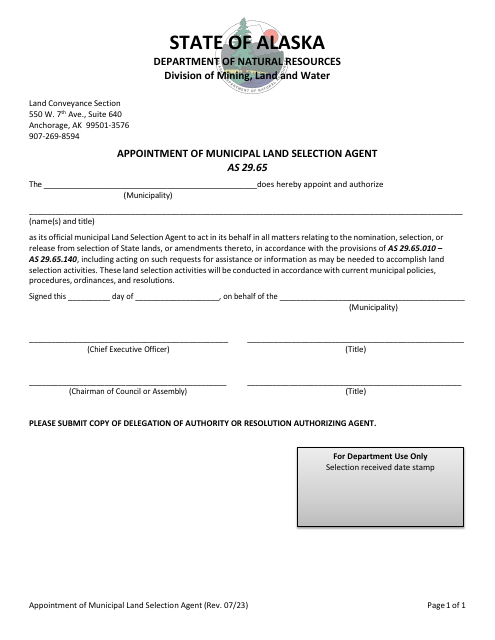 Appointment of Municipal Land Selection Agent - Alaska Download Pdf
